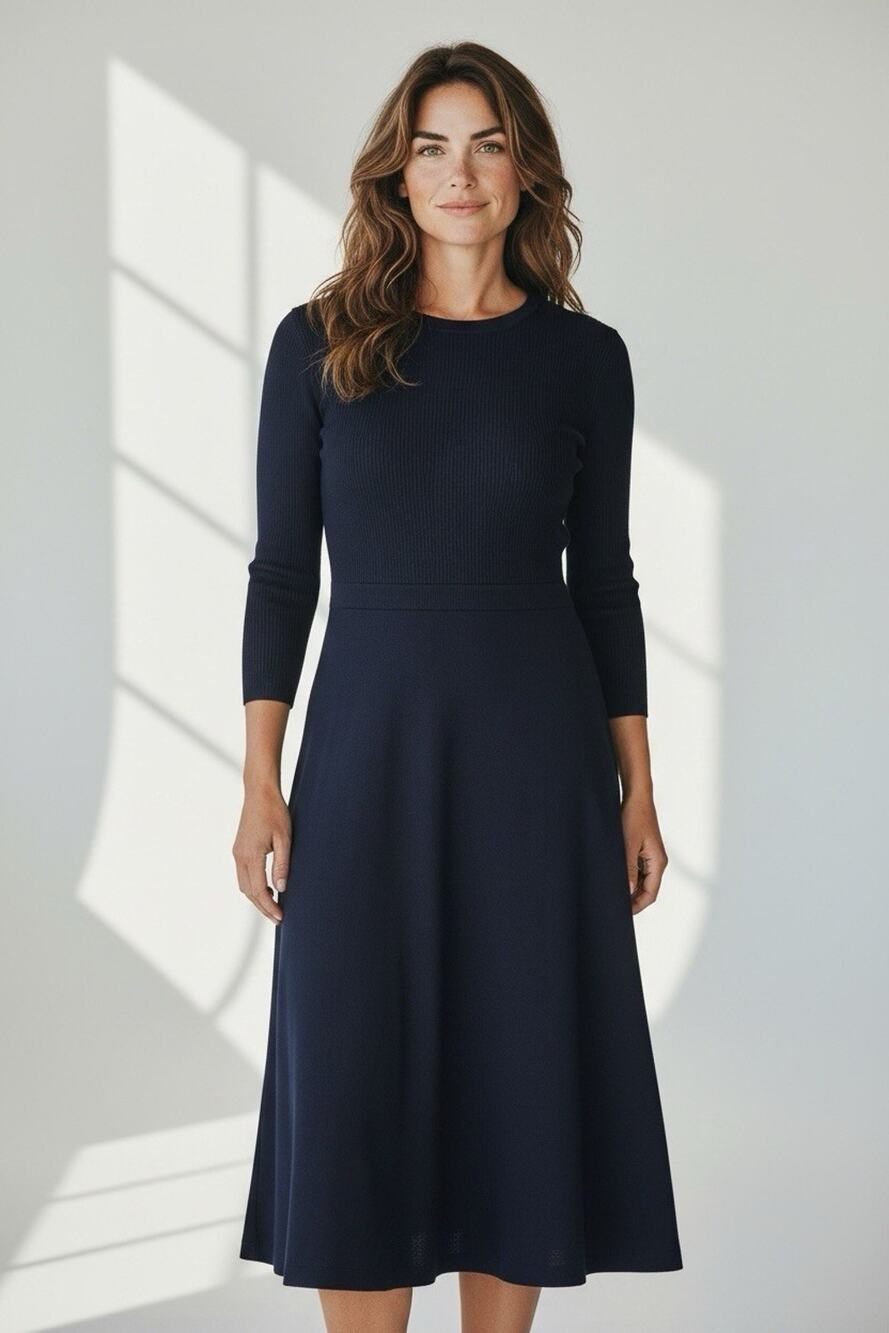 Eliza J Navy Blue Knit Midi Dress Crew Neck 3/4 Sleeve Size Large. Modest